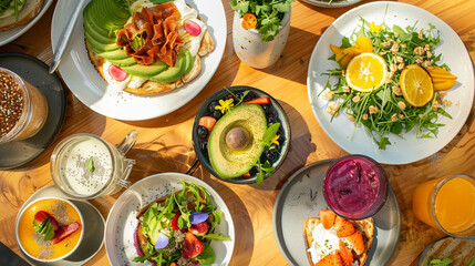 Brunch table with avocado toast and smoothies – trendy breakfast with colorful food, arranged aesthetically on a wooden table, bright and inviting.