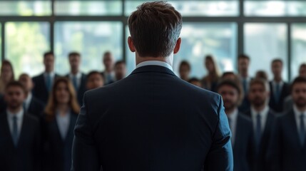 Fototapeta premium Authoritative figure in a suit, confidently facing a crowd of employees, embodying leadership and power, highlighting the dynamics of workplace hierarchy and influence.