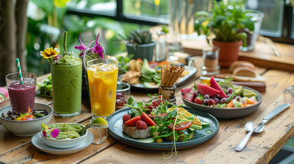 Brunch table with avocado toast and smoothies – trendy breakfast with colorful food, arranged aesthetically on a wooden table, bright and inviting.
