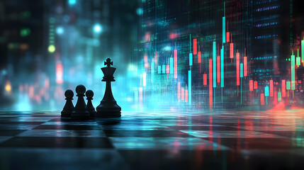 A strategic chess game with figures set against a vibrant analytical background, representing decision-making in finance.