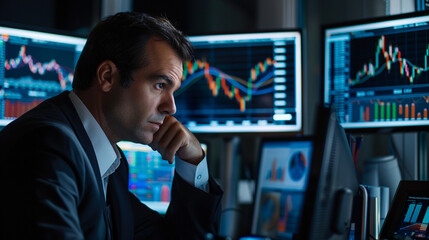 Businessman analyzing stock charts – focused expression, multiple monitors with graphs, professional office setting.