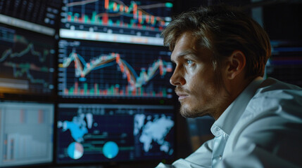 Businessman analyzing stock charts – focused expression, multiple monitors with graphs, professional office setting.