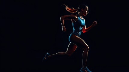 A strong athletic, woman sprinter, running on black background wearing in the sportswear, fitness and sport motivation concept