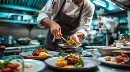 Chef preparing a gourmet meal in a restaurant kitchen – chef plating a dish with precision, modern kitchen in the background.