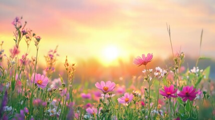 Fototapeta premium Tranquil sunset over a blooming meadow with soft orange and pink hues. Peaceful scene with gentle twilight light.