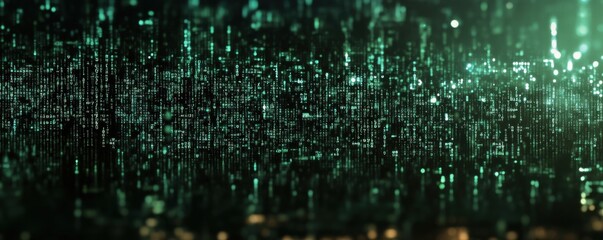 Digital matrix background with glowing green binary code streams in dark abstract tech landscape