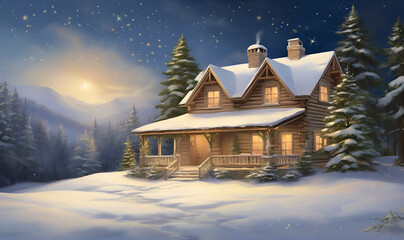 New Year's card with Christmas tree, snowy landscape and holiday greeting\