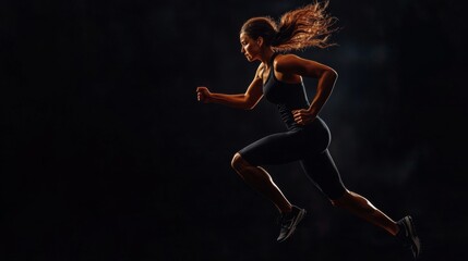 A strong athletic, woman sprinter, running on black background wearing in the sportswear, fitness and sport motivation concept