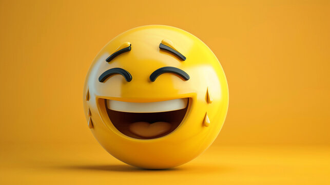 Crying laughing emoji – yellow face with tears of joy streaming down, tilted head, expressive and exaggerated laughter. - Powered by Adobe