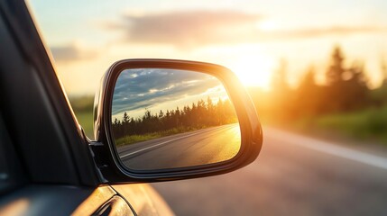 The setting sun is reflected in a car's rearview mirror.