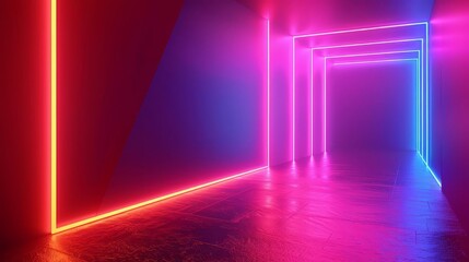 Abstract neon light hallway with red and blue glowing lines