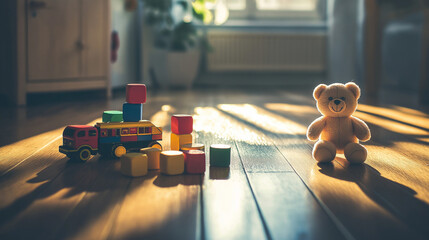 A close-up view of colorful, vintage wooden toys scattered across a polished wooden floor. The toys include blocks, a small toy train, stacking rings, and a teddy bear