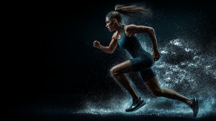 A strong athletic, woman sprinter, running on black background wearing in the sportswear, fitness and sport motivation concept