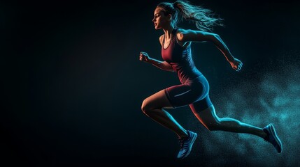 A strong athletic, woman sprinter, running on black background wearing in the sportswear, fitness and sport motivation concept