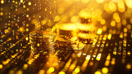 Digital representation of gold investment – futuristic concept, golden coins transforming into digital codes.
