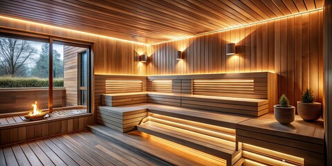 Soothing home interior boasts a calming sauna with natural wood panels and ambient lighting, creating a serene atmosphere for relaxation and rejuvenation.