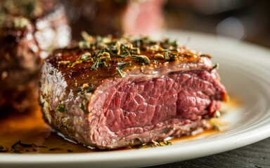 Grilled steak. Medium-rare steak cooked to perfection, seasoned with herbs and served on a white plate.