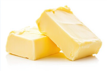 Slices of butter are on a white background,