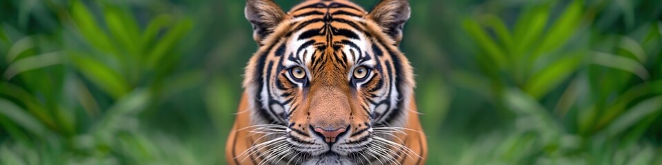 Fototapeta premium A tiger is surrounded by green foliage is looking at the camera. Wide panoramic banner with copy space.