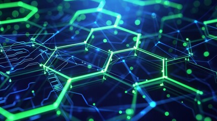 Obraz premium Abstract digital network background with green glowing hexagons and blue circuits.