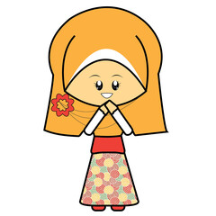 Vector illustration of a cute smiling girl in hijab, modestly dressed in long sleeves and skirt, highlighting her Muslim identity with a joyful expression and modest fashion against a white background