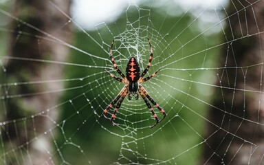Spider web. Colorful spider in center of a web. The spider is black with red stripes and is positioned in the middle of the web, creating a sense of balance and symmetry.