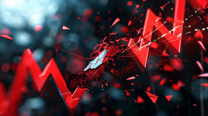 Falling stock market graph – dramatic red arrow plunging downwards, shattered glass effect, dark ominous background.
