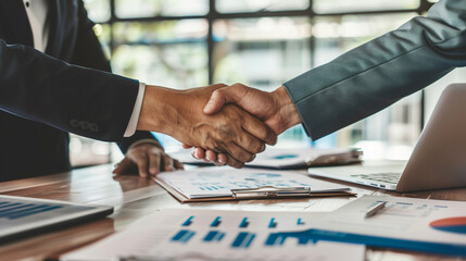 Financial advisor meeting with clients – formal meeting, papers and charts on the table, handshake between advisor and clients.