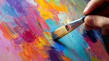 Obraz premium photo stock of a close-up of a painter hand applying brush strokes on a colorful abstract painting, highlighting the textures and colors