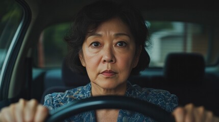 Obraz premium Japanese woman driving confidently, showcasing focus and control.