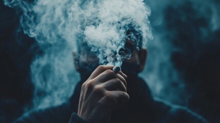 Close-up of a hand gripping a cigarette, smoke spiraling gracefully against a contrasting dark backdrop, evoking a sense of contemplation and solitude.