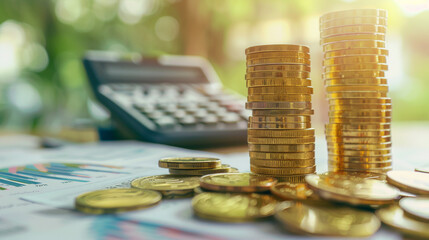 Gold coin stack with calculator – neat stack of coins, calculator, and financial documents symbolizing investment planning.