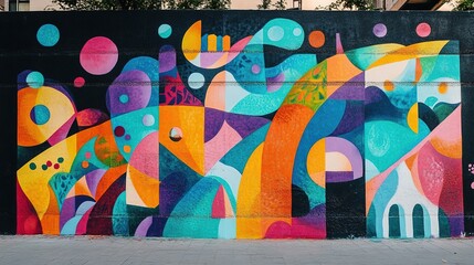 Vibrant mural showcasing abstract shapes and colors on a brick wall in an urban setting during a sunny day