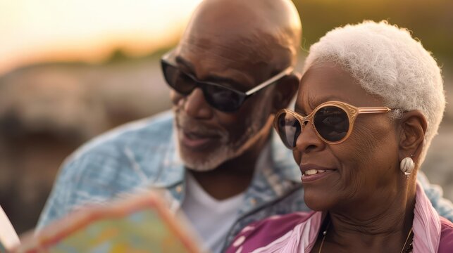 Senior couple looking at a map outdoors. - Powered by Adobe