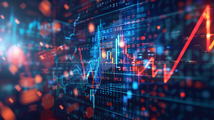 Obraz premium Growth arrow rising over stock charts – graph with upward-trending arrow, futuristic style, financial symbols floating.