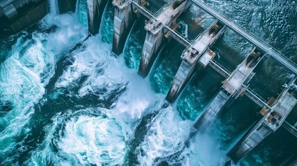 A stunning view of a hydroelectric dam with cascading water and turbines generating clean energy