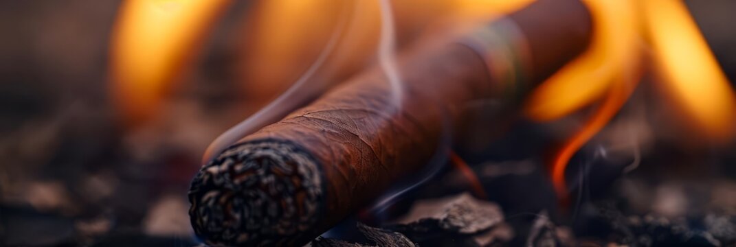 An artistic macro shot of a smoldering cigar, focusing on the glowing embers and the delicate wisps of smoke rising with copy space