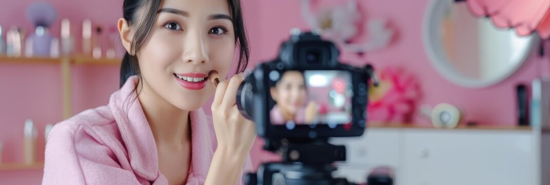 Smiling woman vlogging with camera, pink background