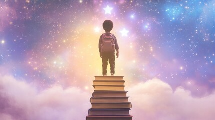 Afro boy ascending book stairs to reach the stars, symbolizing dreams.