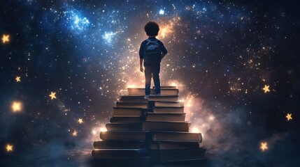 Afro boy climbing book stairs, symbolizing knowledge and dreams.