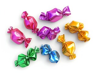 Crumpled candy wrappers in a variety of bright vibrant colors against a plain white background creating an abstract flat design with a textured shiny appearance