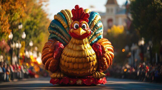Thanksgiving parade float with giant turkey balloon