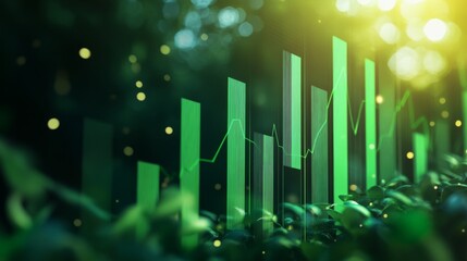 Bar charts with green color going up and down for positive Eco-investing stock market or green investment banking charts