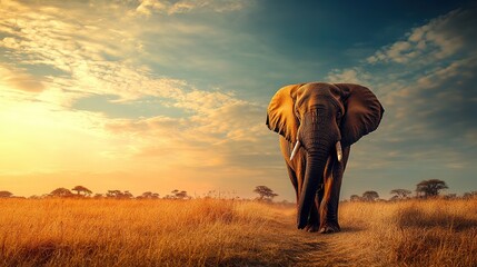 Obraz premium A majestic elephant walks through golden grasslands under a dramatic sky during twilight in the African savanna