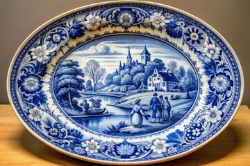 The ornate porcelain plate showcases blue and white patterns, featuring lively scenes of Bavarian daily life, including traditional clothing and architectural motifs from southern Germany's 