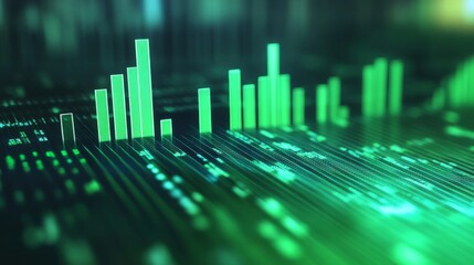 Bar charts with green color going up and down for positive Eco-investing stock market or green investment banking charts