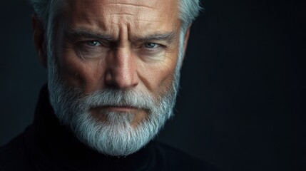 Fototapeta premium Close-up Portrait of Charismatic Elderly Man with Silver Hair and Beard in Dramatic Lighting