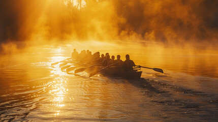 Rowing team during sunrise race – synchronized paddling, river mist rising, golden sunlight reflecting on water.