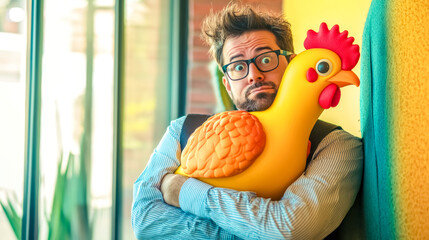 Funny businessman hugging inflatable chicken in office