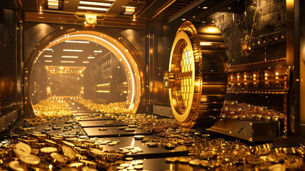 Safe full of gold – open vault with gleaming gold bars and coins inside, well-lit and luxurious setting.